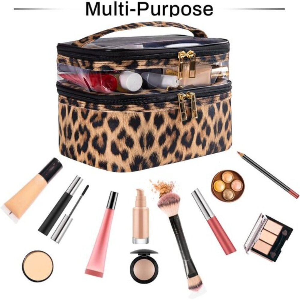 New Portable Double-layer Travel Cosmetic Makeup Bag for Women - Leopard - Picture 6 of 9